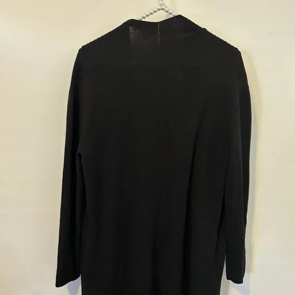 MM Lafleur womens M merino wool long line open front black cardigan sweater